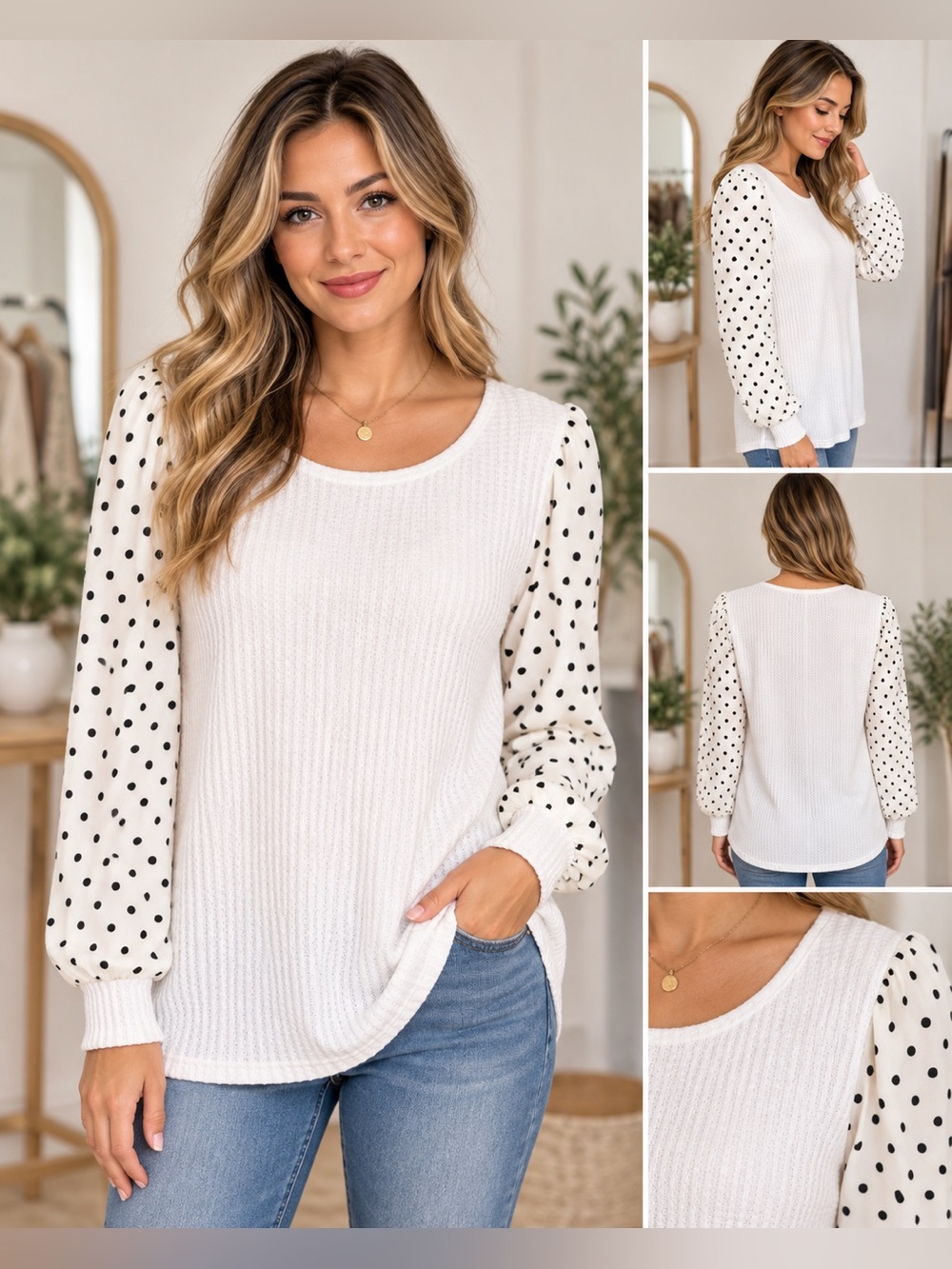 BiBi White Waffle Knit Polka Dot Sleeve Top Size S NWOT